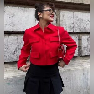 Zara NWT Cropped Flap Blazer Size XS RED